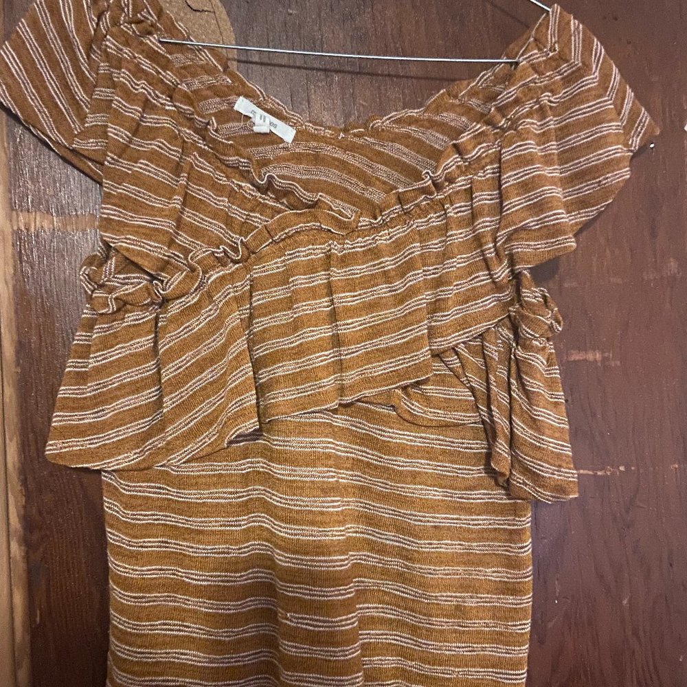 off shoulder brown striped shirt